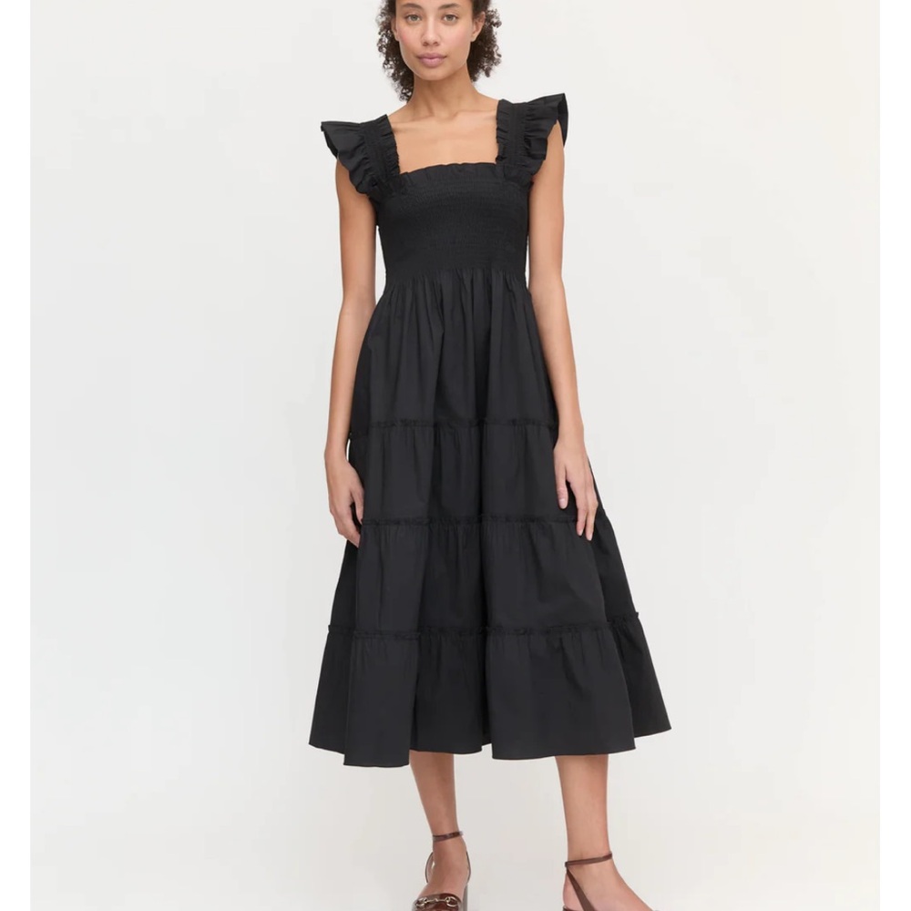 Hill House Black Ruffled Smocked Midi Dress